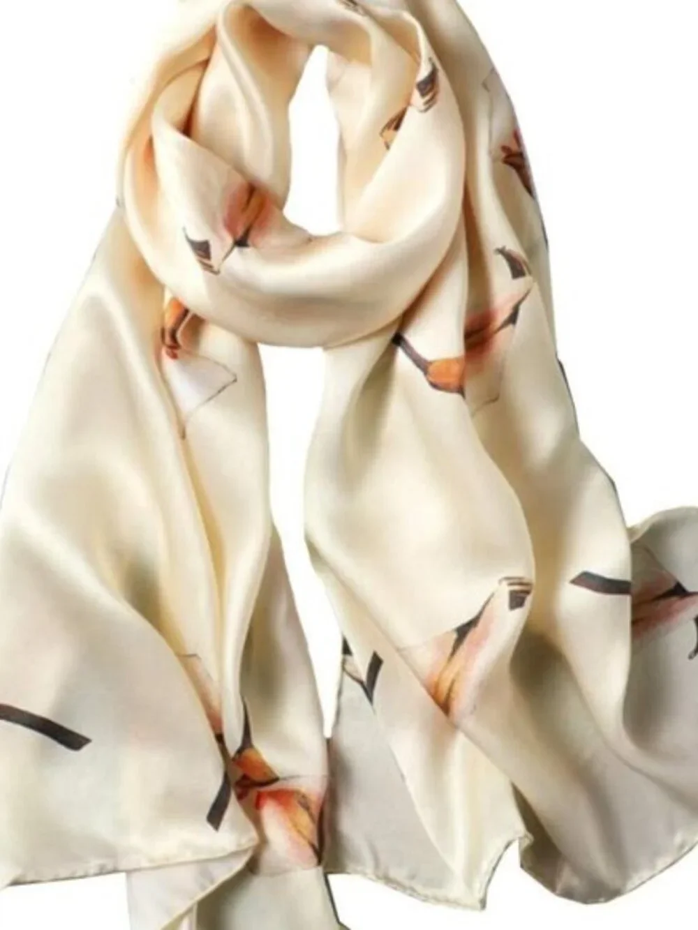 100% Pure Mulberry Silk Scarf Off White Calla Floral Long Lightweight Shawl